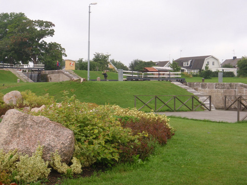 View of the locks from Lake Roxen.
